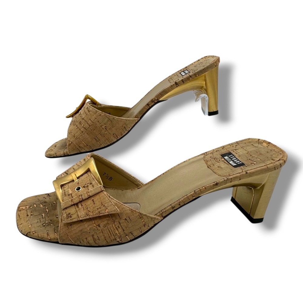 Stuart Weitzman Padlock Cork Slide Sandals Gold Block Heel Buckle Mule Women 7.5